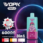 VOPK Triple vape product advertisement featuring a colorful vape device with a cartoon lion wearing sunglasses and a cap, highlighting 60,000 puffs, 3 adjustable flavors, 3-in-1 functionality, and 650mAh Type-C charging.