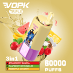 Promotional image for VOPK Triple vape with a gold and purple device, illustrations of fruits including banana, watermelon, pineapple, raspberry, coconut, and text highlighting 3-in-1 flavors and 60,000 puffs.