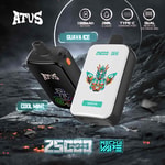 Zdjęcie promocyjne jednorazowych waporyzatorów AFUS przedstawiających smaki Cool Mint i Guava Ice, ze zbliżeniami urządzeń, takimi jak 25000 zaciągnięć, bateria 1000 mAh, 28 ml e-liquidu, ładowanie typu C i podwójna cewka siatkowa, a wszystko to na futurystycznym, skalistym tle.