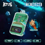 Promotional image for ATUS vape device featuring a space-themed background, the device with an astronaut and 'Cola Ice' flavor label, icons denoting 30,000 puffs, 1000mAh battery, 30ml e-liquid, Type-C charging port, and dual mesh coil, alongside an image of a glass with cola and ice.
