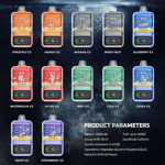 Various flavors of disposable vape devices displayed in colorful packaging, with each flavor labeled including pineapple, mango, banana, mixed fruit, blueberry, watermelon, lychee, mint, cola, guava, grape, and strawberry ice, alongside product parameters like battery capacity and puff count on a dark cosmic background.