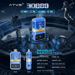 Futuristic advertisement for an ATVS branded vape device with space-themed artwork featuring astronauts, highlighting features such as 30,000 puffs, 1000mAh battery, 30ml e-liquid capacity, dual mesh coil, 40W power, and various color options, set against a sci-fi space station background.