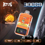 Promotional image for the ATUS Mango Ice vape device featuring an orange space-themed design, showing the device in front of a planet, with text highlighting 30,000 puffs, 1000mAh battery, 30ml e-liquid, Type-C charging port, and dual mesh coil.