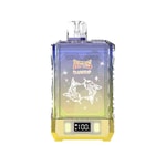 Gradient blue and yellow vape device labeled 'AFUS WARSHIP' featuring two outlined hummingbirds in a circular pattern and a digital display showing '100%'.