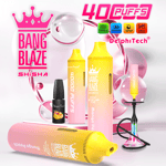 Werbung für das Bang Blaze Shisha-Vape-Gerät mit Mango-Pfirsich-Geschmack, das 40.000 Züge, einen wiederaufladbaren Typ-C-Akku, eine Nachfüllflasche und eine farbenfrohe Basis im Shisha-Stil mit rosa und gelber Farbverlaufsverpackung und angezeigten Produktmerkmalen hervorhebt.