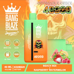 Colorful advertisement for Bang Blaze Joycome disposable vape featuring a green and orange device, fruit illustrations (strawberry, watermelon, raspberry, peach), a stylized skull graphic in the background, and text highlighting 40ml volume, 650mAh battery, and 4000 puffs.