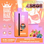 Promotional image for Bang Blaze disposable vape device in 'Berries Cool / Watermelon Sour Peach' flavor, featuring a colorful vape pod with a skull graphic, assorted fruit, and text highlighting 4000 puffs, 40ml volume, and 650mAh battery.
