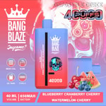 Bang Blaze disposable vape device with a blue and pink gradient, skull headphone graphic, and flavor options of blueberry cranberry cherry and watermelon cherry, shown with images of fruit and product specifications highlighted.