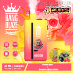 Colorful Bang Blaze Joycome disposable vape device packaging featuring a sugar skull illustration, product features like mesh coil and type-C charging, images of gummy bears, black currants, and raspberries, and text highlighting 4000 puffs and flavors Gummy Bear and Raspberry Black Glitter.