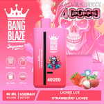 Promotional image for Bang Blaze Joycome disposable vape device featuring a pink background, large vape device with a stylized helmeted figure, product specifications like 40ml volume and 650mAh battery, illustrations of lychee, strawberry, and ice cubes, and highlighted flavors lychee ice and strawberry lychee.