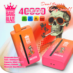 Colorful advertisement for Bang Blaze disposable vape devices featuring two rectangular orange and pink vapes, a stylized skeleton wearing sunglasses and a cap smoking, product specs highlighting 40,000 puffs, 40ml liquid capacity, and 650mAh battery, with bold branding and text.