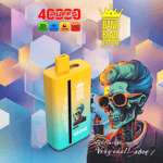 Colorful vape device with 'Bang Blaze Color' branding alongside a stylized illustration of a skeleton with blue hair and sunglasses, set against a geometric pastel background with product features highlighted above.