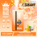 Promotional image for Bang Blaze Joycome disposable vape device featuring pineapple mango and pineapple coconut ice flavors, with a skull wearing a crown, bright orange colors, and ingredients graphics of pineapple, mango, and coconut.