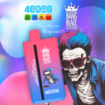Colorful vape device with the label 'Bang Blaze Color' featuring dual flavors, rainbow candy and arctic freezing, shown against a vibrant, illustrated background of a character with blue and pink hair, and highlighting key features like 4000 puffs, Type-C charging, and 40ml e-liquid capacity.