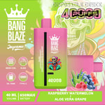 Colorful vape device packaging with a pink and green gradient, featuring a cartoon skeleton wearing sunglasses, fruit images (raspberries, blueberries, watermelon, grapes), and text highlighting raspberry watermelon and aloe vera grape flavors, 4000 puffs, 40ml volume, 650mAh battery, and product branding.