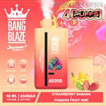 Promotional image for Bang Blaze Joycome disposable vape device featuring bold text, fruit illustrations including banana, strawberry, passion fruit, and kiwi, a gradient pink and orange vape with smoke, and product specifications such as 4000 puffs, 40ml volume, and 650mAh battery.