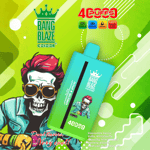 Colorful Bang Blaze disposable vape device with stylized artwork of a person with red hair, sunglasses, and a skeleton face in a teal jacket, surrounded by product features and vibrant green background.