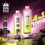 Two Bang Blaze disposable vape devices with digital displays, shown against a futuristic landscape with neon colors, highlighting features like 650mAh battery, 4-in-1 flavors, Type-C charging, and 60,000 puff capacity; one device features a cartoon ape in formal attire.