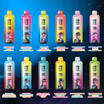 Twelve colorful Bang Blaze 4-in-1 disposable vape devices displayed on a blue gradient background, each with a cartoon monkey character and labeled with different fruit and candy flavor combinations such as watermelon ice, blueberry ice, mango, and more.
