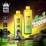 Two yellow-green Bang Blaze vape devices with digital displays and a cartoon ape in a purple hat, set against a vibrant, futuristic landscape with branding details highlighting 4-in-1 flavors and 60,000 puff capacity.