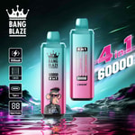 Bang Blaze 4-in-1 vape devices with gradient blue-pink color, digital display, and cartoon monkey graphic, set against a futuristic landscape with product features listed, such as 650mAh, 1.0Ω, Type-C, and 60,000 puffs.
