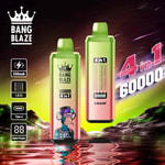 Two Bang Blaze 4-in-1 disposable vape devices with 60,000 puff capacity, digital displays, and colorful gradient designs, set against a vivid sci-fi landscape with branding and feature icons on the side.