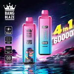 Two colorful Bang Blaze 4-in-1 disposable vape devices with 60,000 puff capacity, digital display, Type-C charging, and flavor options listed, set against a vibrant futuristic landscape with mountains and water reflections.