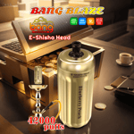 Promotional image for Bang Blaze E-Shisha Head featuring a gold-colored vape device labeled 'Blueberry Peach' with 42,000 puffs, placed next to a decorative hookah and gold coins, set on a stylish desk with a coffee cup and notepads.