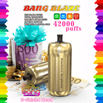 Gold-colored Bang Blaze disposable vape with 'Blueberry Raspberry' flavor, placed in front of euro banknotes, coins, and a gift with a blue ribbon, surrounded by vibrant rainbow-colored borders and product specifications highlighting 42,000 puffs.