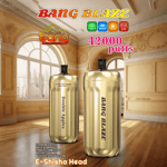Two gold-colored Bang Blaze e-shisha disposable vape devices labeled "Double Apples" and "Bang Blaze" displayed in an ornate room with advertising text highlighting 42,000 puffs, 1000mAh battery, and 30ml e-liquid capacity.