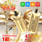 Promotional image for Bang disposable e-shisha heads in gold with Peach Ice and Bang Blaze flavors, highlighting features like 42,000 puffs, Type-C charging, 1000mAh battery, 30ml capacity, dual-core mesh coil, and 12 available flavors.