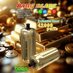 Promotional image featuring gold-colored Bang Blaze disposable vape devices in front of stacked gold bars, highlighting features like 42,000 puffs, 30ml liquid capacity, 1000mAh battery, and mesh coil technology.