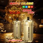 Promotional image of BANG BLAZE disposable vape in a gold design, featuring key highlights such as 42,000 puffs, Type-C charging, 1000mAh battery, 30ml e-liquid, watermelon flavor, and E-Shisha Head, set against a luxurious interior with a golden tree and scattered gold leaves.