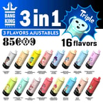 Promotional image for Bang King Vapen triple-flavor disposable vape, featuring 16 different flavor variants and advertising 8500 puffs per device with adjustable 3-in-1 flavors.