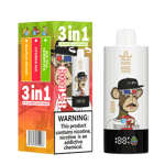 Bang King Vapen 3-in-1 vape packaging and device featuring a cartoon monkey wearing a cap, flavor options mango on ice, lychee ice, and iced tea lemon ice, and a nicotine warning label.
