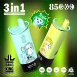 Promotional image of two Bang King Vapen disposable vapes, featuring colorful monkey graphics, labeled with 3-in-1 adjustable flavors, 8500 puffs, Type-C charging, 600mAh battery, and highlighting triple flavor adjustment.