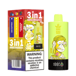 Bang King 3-in-1 disposable vape packaging and device featuring flavors grape ice, mango peach, and mixed berries, with a cartoon ape graphic and a nicotine warning label.