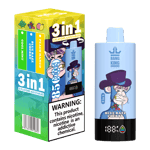 Bang King 3-in-1 vape device and packaging featuring a cartoon ape in a purple hat, with Blue Razz Cherry flavor highlighted and a nicotine warning label on the box.