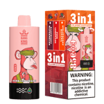 Bang King Vapen 3-in-1 disposable vape packaging and device featuring a cartoon ape with a headband, highlighting flavors pink lemonade, raspberry watermelon, and strawberry banana, along with a nicotine warning label.