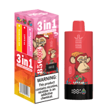 Bang King 3-in-1 vape product packaging and device featuring a cartoon monkey in a red floral shirt, with flavors labeled as Banana Ice, Love 66, and Strawberry Donut, and a warning that the product contains nicotine.