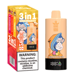 Bang King 3-in-1 disposable vape packaging and device with a cartoon ape face, lemon and peach fruit graphics, and flavors listed as rich pitaya, lemon peach, and watermelon; large nicotine warning label on box.