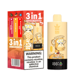 Bang King 3-in-1 vape package and device featuring an illustrated monkey, flavors listed as strawberry kiwi, red bull, and watermelon ice, and a nicotine warning label.
