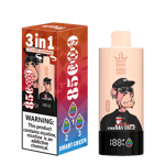 Bang King Vapen 3-in-1 vape device and packaging featuring a cartoon ape with sunglasses and a drink, labeled with "85 Puffs," flavor icons, nicotine warning, and "Cherry Cola" flavor.