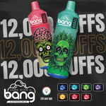 Two illustrated disposable vape devices with bold skull graphics and the text 'Vape With a Bang Disposable', '12,000 puffs', and 'LED color light', featuring several color options for the LED at the bottom.