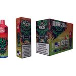 Bang Sour Apple Raspberry disposable vape packaging with a colorful green and red demon illustration and prominent warnings about nicotine addiction.