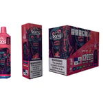 Packaging for Bang disposable vape in strawberry juice flavor featuring a vivid, stylized illustration of a zombie-like character with pink and blue accents, alongside warnings about nicotine content and addictive chemicals.