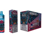 Bang disposable vape packaging and device featuring a robotic skull design with exposed brain, Strawberry Kiwi flavor branding, nicotine warning, and 12000 puff count highlighted on a colorful box and cartridge.