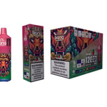 Bang disposable vape Watermelon Ice flavor with a pink and green design featuring a colorful bull illustration, shown as a single vape, its packaging, and a larger product box with warning labels about nicotine.