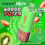 Publicité pour l'appareil de vape Fizzy Max III présentant un produit vert et rouge, mettant en évidence " 60 000 bouffées ", des saveurs 6 en 1 et des images de fraise, de kiwi et des éclaboussures de liquide vert, avec des icônes pour le réservoir d'huile, le port de charge, la capacité d'e-liquide et l'écran LED.