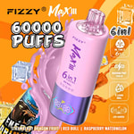 Image promotionnelle du vape jetable FIZZY Max III présentant un appareil rose et violet avec un texte mettant en évidence 60 000 bouffées, des saveurs 6 en 1 et des fonctionnalités comme un écran LED et un port de chargement de type C, sur un fond coloré avec des glaçons, des éclaboussures de liquide et des saveurs répertoriées, notamment fruit du dragon fraise, taureau rouge et pastèque framboise.